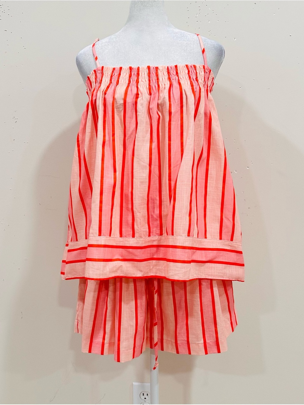 By Together 2 Piece Stripe Set Cami Babydoll Top & Shorts Pink Red Summer M NWT